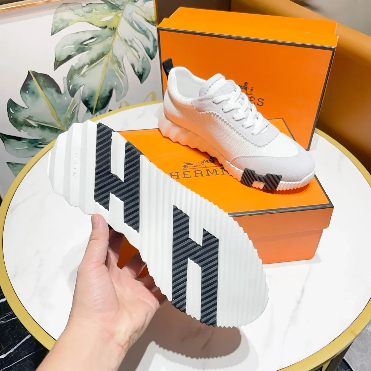Hermès Blanco Negro Textil-Ante Híbrido Superior Paneles con Costuras Zigzag Zapatillas Lifestyle 2