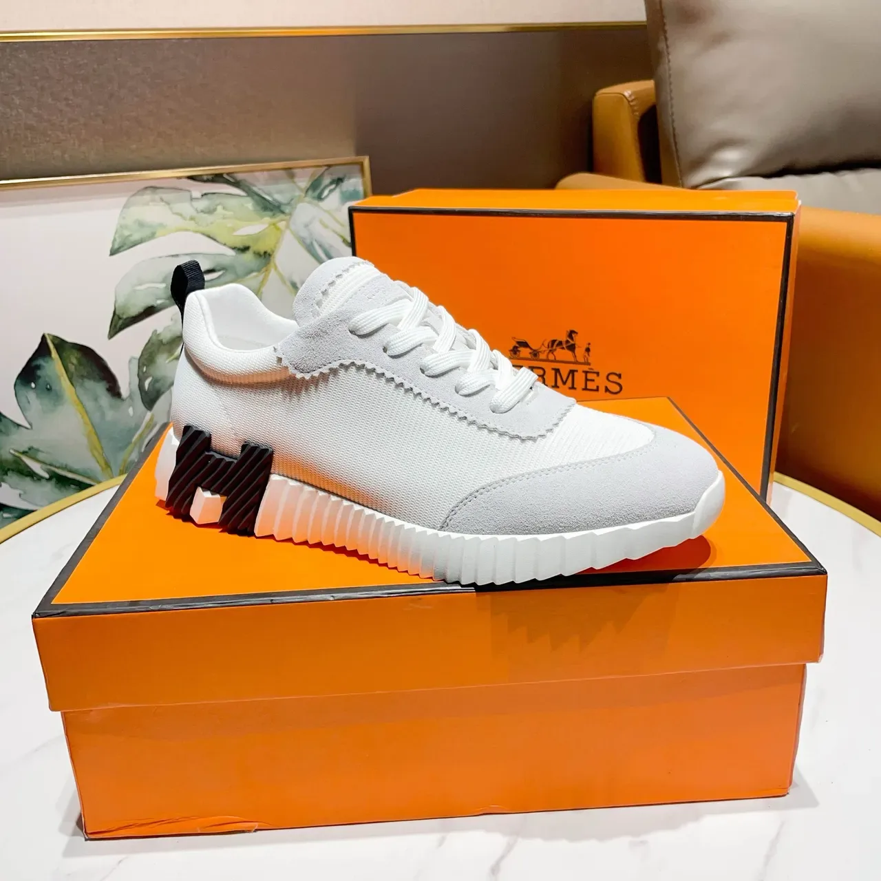 Hermès Blanco Negro Textil-Ante Híbrido Superior Paneles con Costuras Zigzag Zapatillas Lifestyle 3