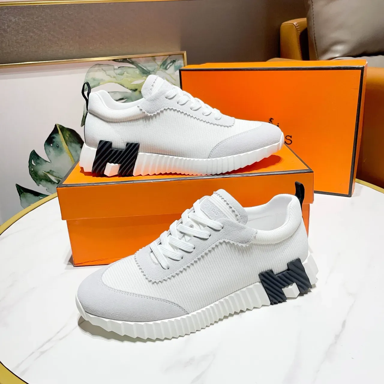 Hermès Blanco Negro Textil-Ante Híbrido Superior Paneles con Costuras Zigzag Zapatillas Lifestyle 4