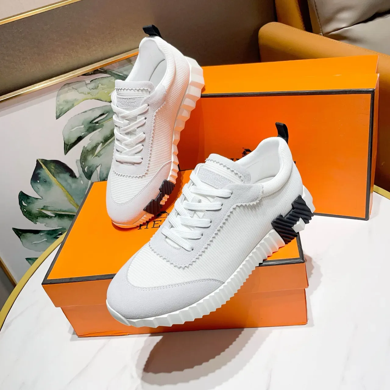 Hermès Blanco Negro Textil-Ante Híbrido Superior Paneles con Costuras Zigzag Zapatillas Lifestyle 5