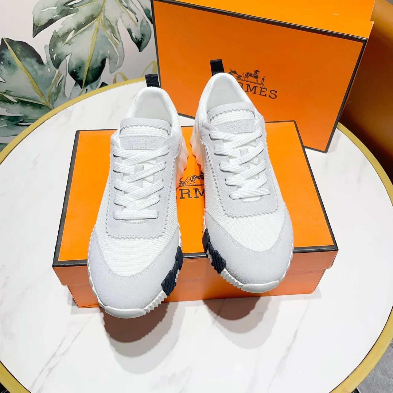 Hermès Blanco Negro Textil-Ante Híbrido Superior Paneles con Costuras Zigzag Zapatillas Lifestyle 6