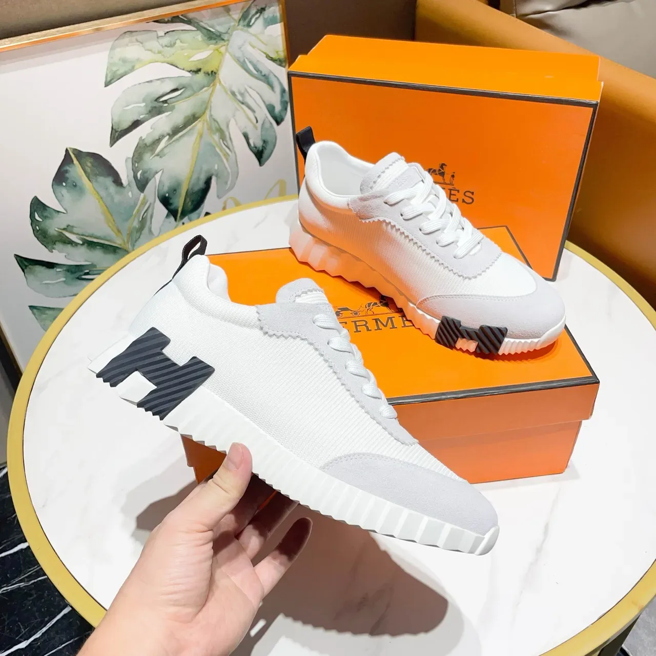 Hermès Blanco Negro Textil-Ante Híbrido Superior Paneles con Costuras Zigzag Zapatillas Lifestyle 7