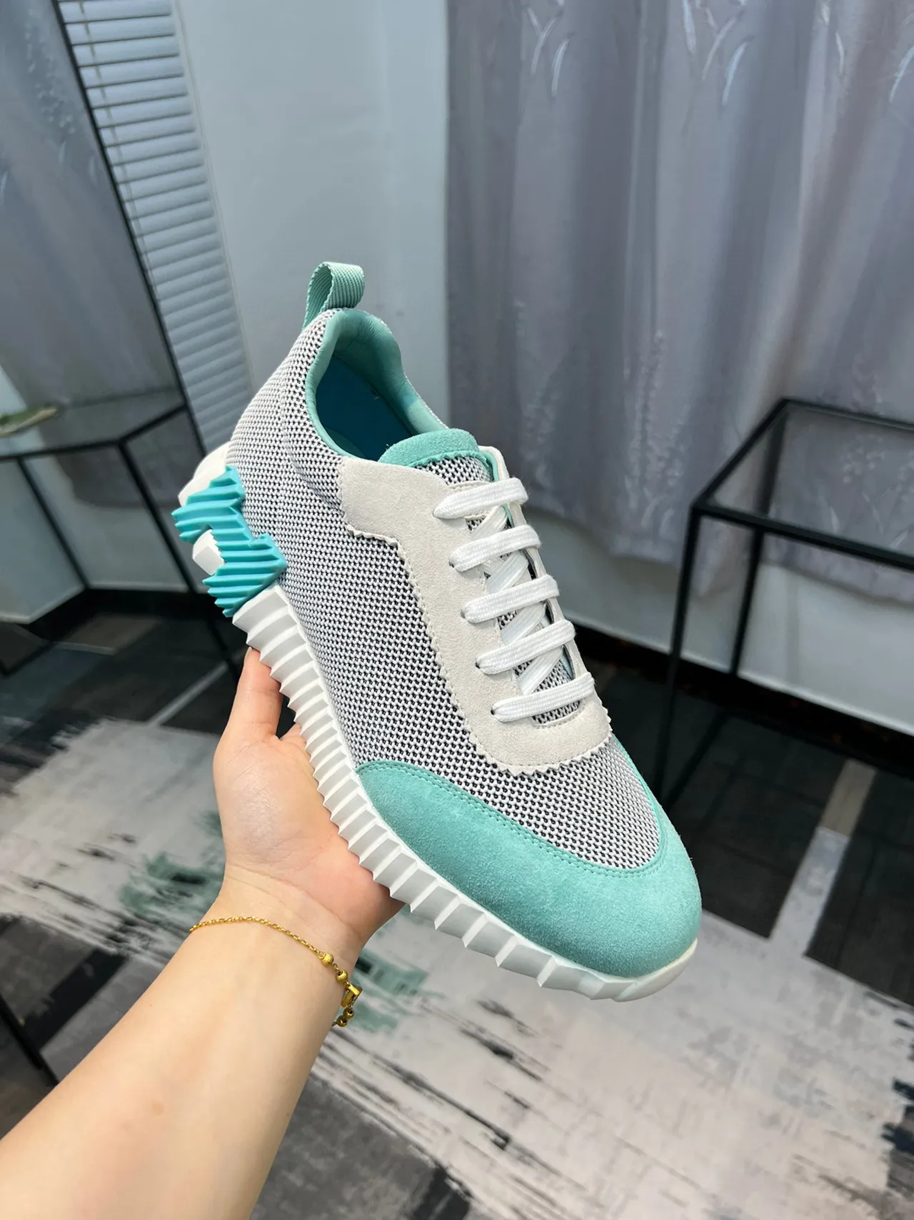 Hermès White Blue Mesh And Suede Upper Sculpted Ridged Midsole Lifestyle Sneakers 7