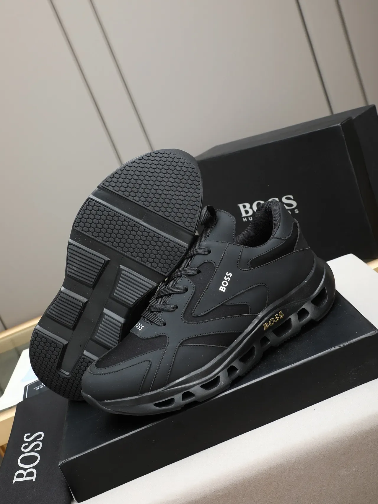Hugo Boss Black Gold Monochrome Synthetic Panel Construction Sneakers 4