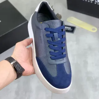 Hugo Boss Gray Navy Pebbled Leather And Suede Paneling Contrast Laces Sneakers