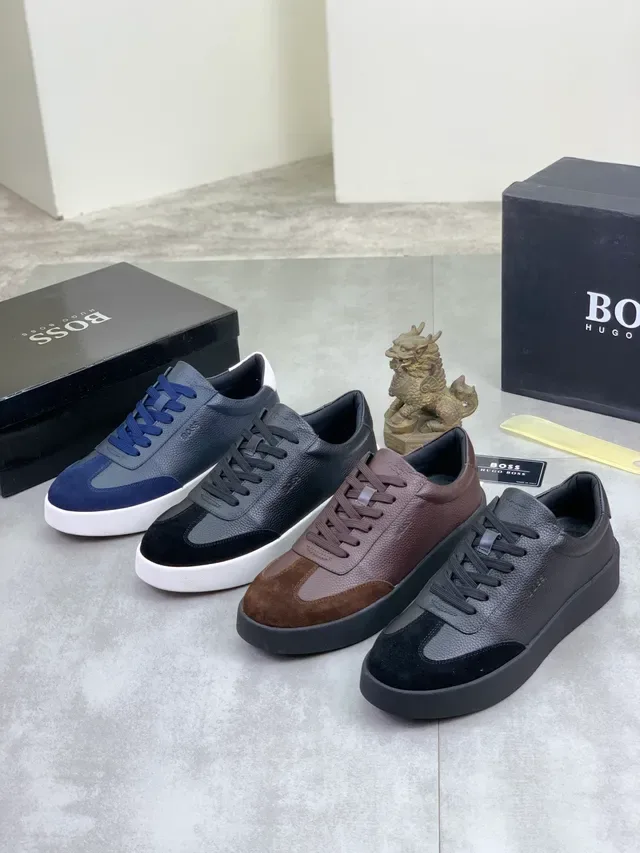 Hugo Boss Cinza Marinho Couro Granulado e Painéis de Camurça Cordões Contraste Tênis 2