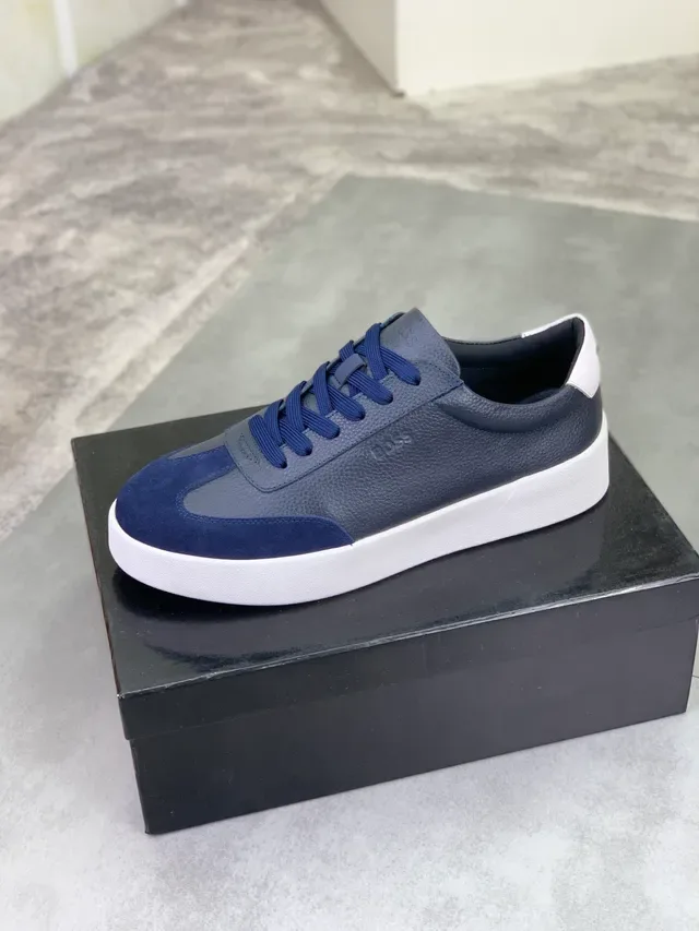 Hugo Boss Cinza Marinho Couro Granulado e Painéis de Camurça Cordões Contraste Tênis 5