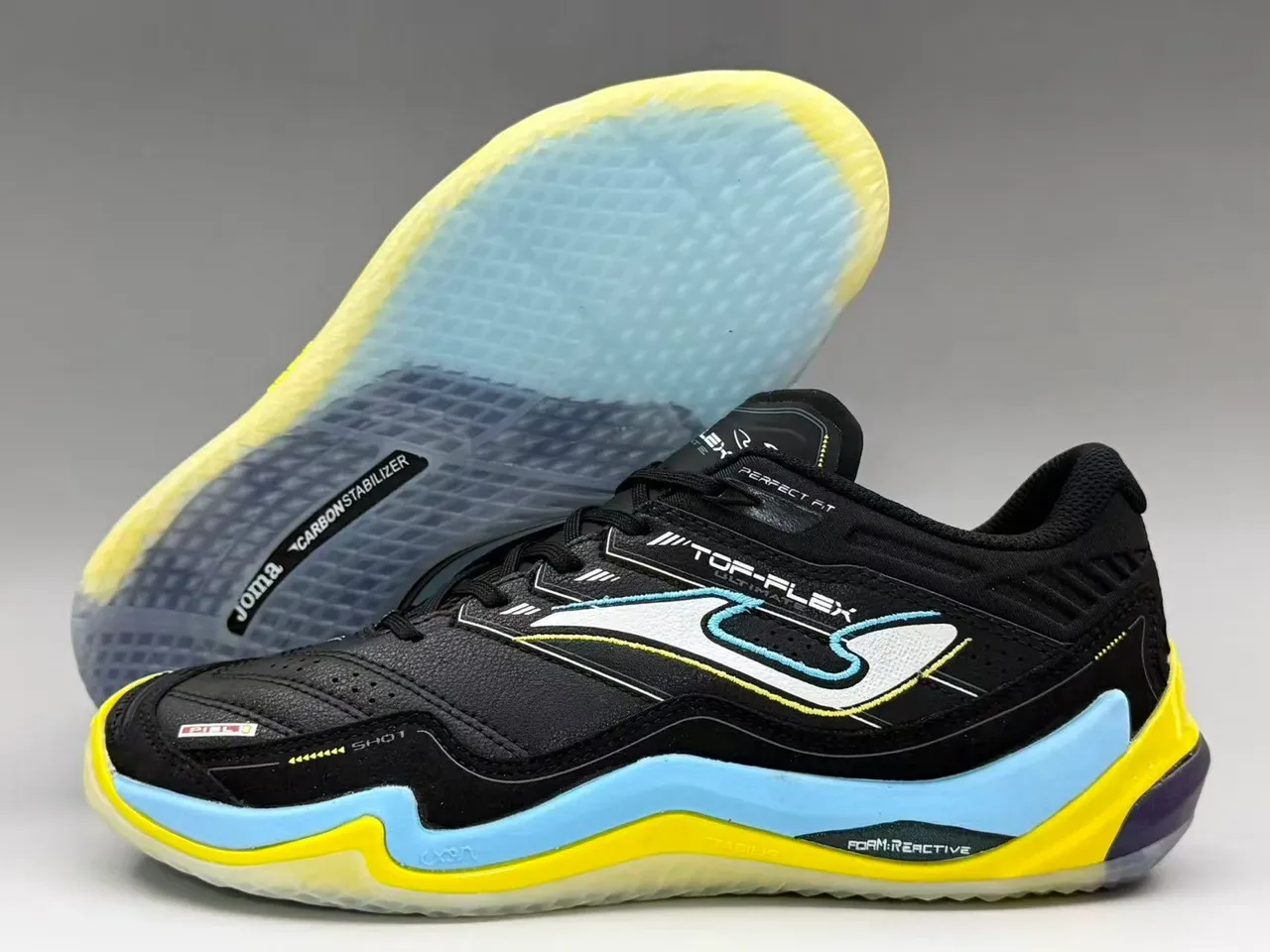Joma Top-Flex Ultimate Preto Amarelo Azul Claro Tênis Lifestyle 6