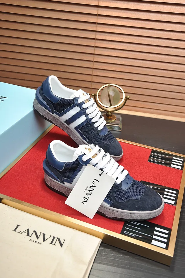 Lanvin أزرق بحري أبيض أزرق من جلد وشبكة تباين ربط أسلوب حياة حذاء رياضي 6