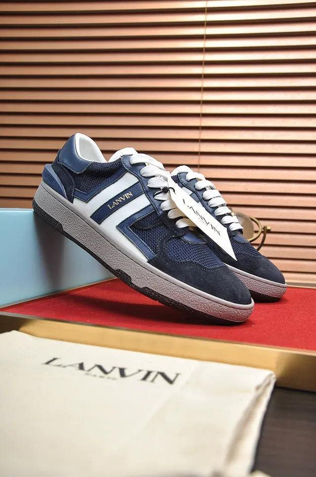 Lanvin أزرق بحري أبيض أزرق من جلد وشبكة تباين ربط أسلوب حياة حذاء رياضي 7