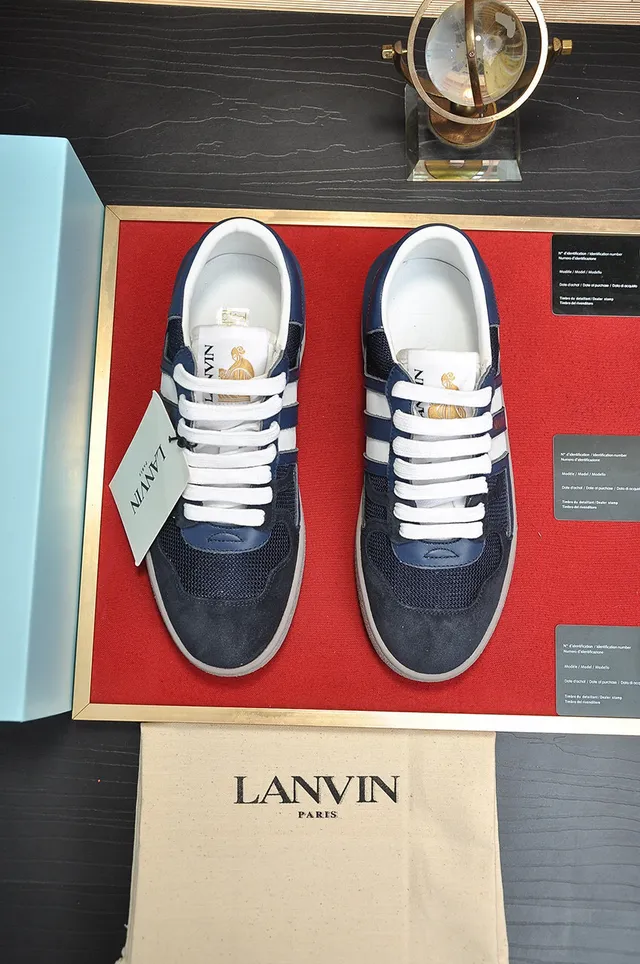 Lanvin أزرق بحري أبيض أزرق من جلد وشبكة تباين ربط أسلوب حياة حذاء رياضي 8