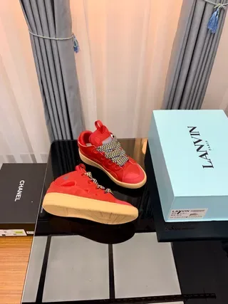 Lanvin Runner أحمر بيج عالي الارتفاع تفاصيل الدانتيل المنسوج حذاء رياضي أسلوب حياة 2