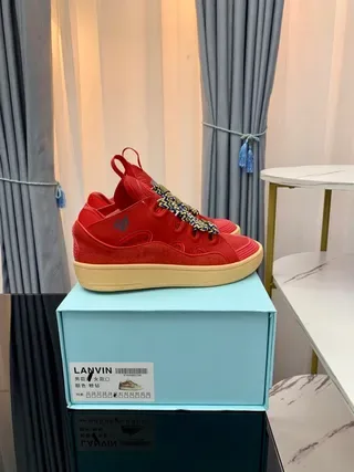 Lanvin Runner أحمر بيج عالي الارتفاع تفاصيل الدانتيل المنسوج حذاء رياضي أسلوب حياة 3