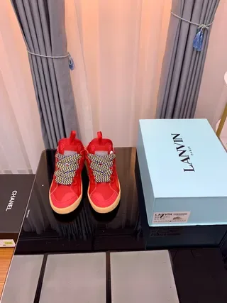 Lanvin Runner أحمر بيج عالي الارتفاع تفاصيل الدانتيل المنسوج حذاء رياضي أسلوب حياة 5