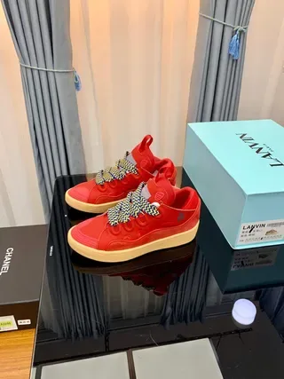 Lanvin Runner أحمر بيج عالي الارتفاع تفاصيل الدانتيل المنسوج حذاء رياضي أسلوب حياة 6