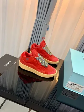 Lanvin Runner أحمر بيج عالي الارتفاع تفاصيل الدانتيل المنسوج حذاء رياضي أسلوب حياة 8
