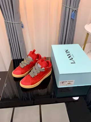 Lanvin Runner أحمر بيج عالي الارتفاع تفاصيل الدانتيل المنسوج حذاء رياضي أسلوب حياة 9