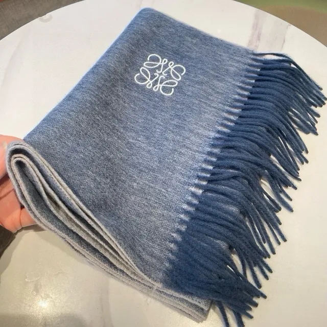 Loewe Anagram Embroidered Light Blue Cashmere Scarf 7