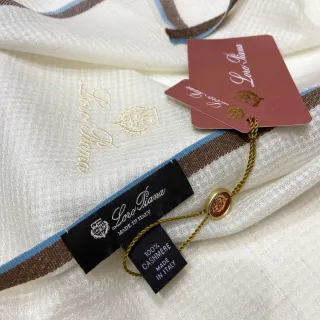 Loro Piana Branco Azul Tecido Leve Bordado Logo Xale de Cachemira