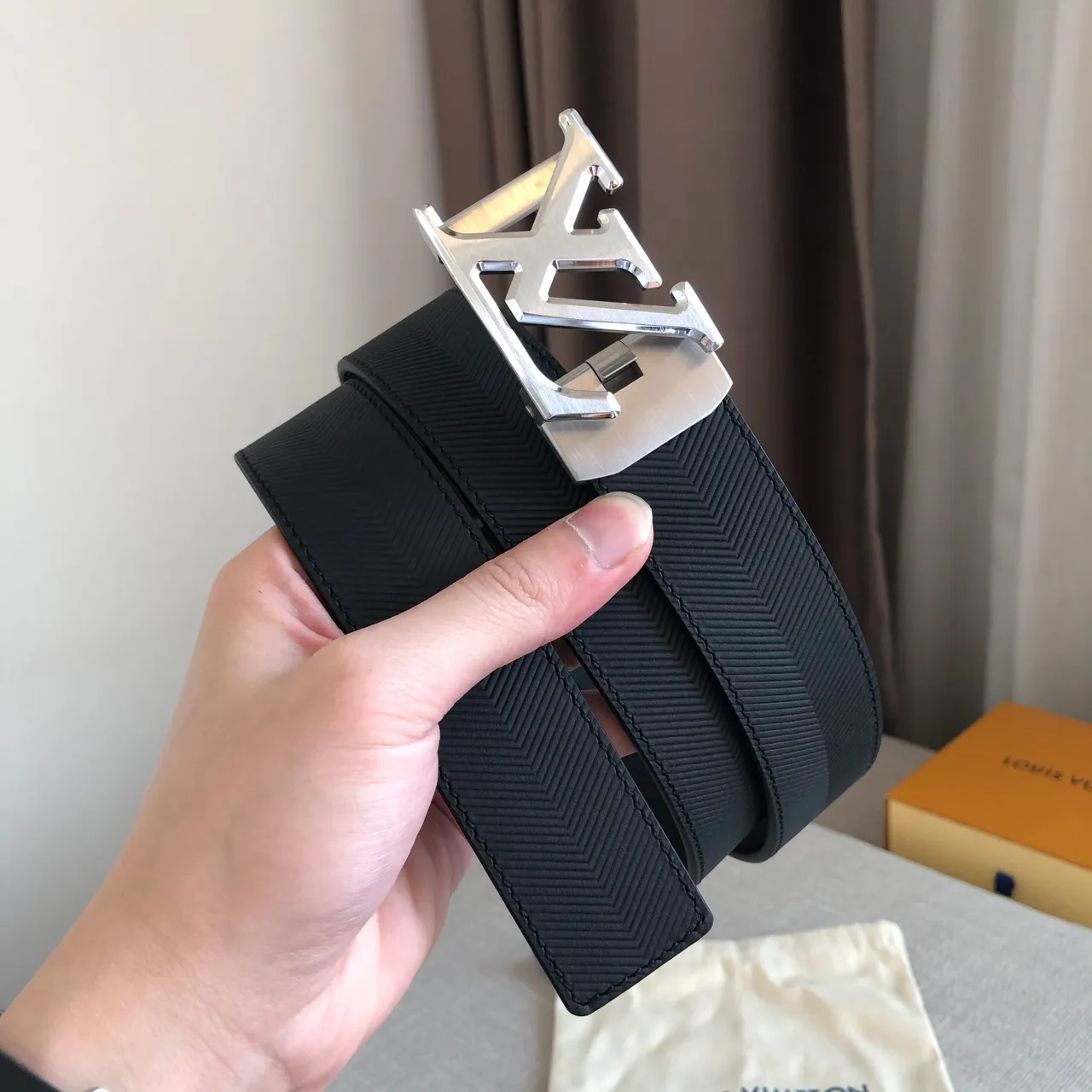 Louis Vuitton Automatic Belt Black Herringbone Strap Leather Belt 5
