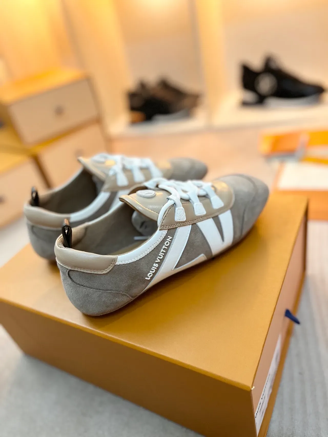 Louis Vuitton Sneakers Lifestyle Beige et Blanc Suede et Cuir Construction de Panneaux Superposition de Rayures en V 4