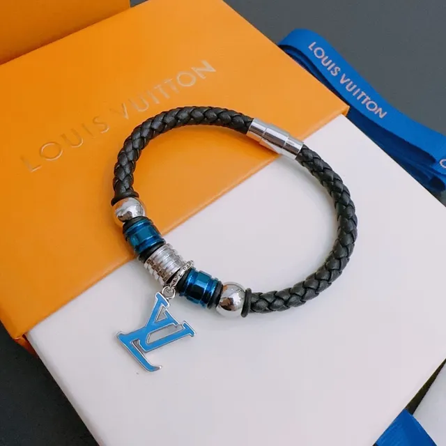 Louis Vuitton Bracelet en cuir tressé noir et bleu avec fermeture magnétique 4
