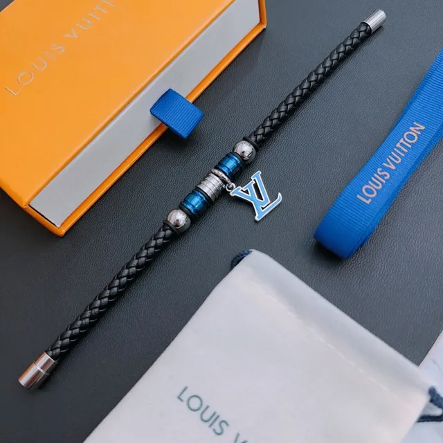 Louis Vuitton Bracelet en cuir tressé noir et bleu avec fermeture magnétique 5