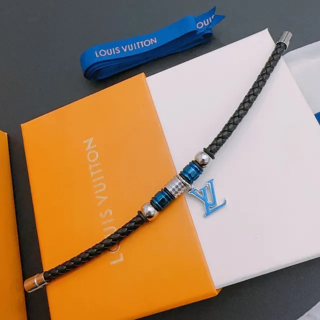 Louis Vuitton Bracelet en cuir tressé noir et bleu avec fermeture magnétique 8
