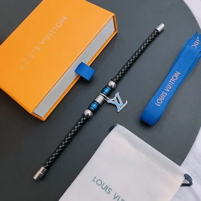 Louis Vuitton Bracelet en cuir tressé noir et bleu avec fermeture magnétique 9
