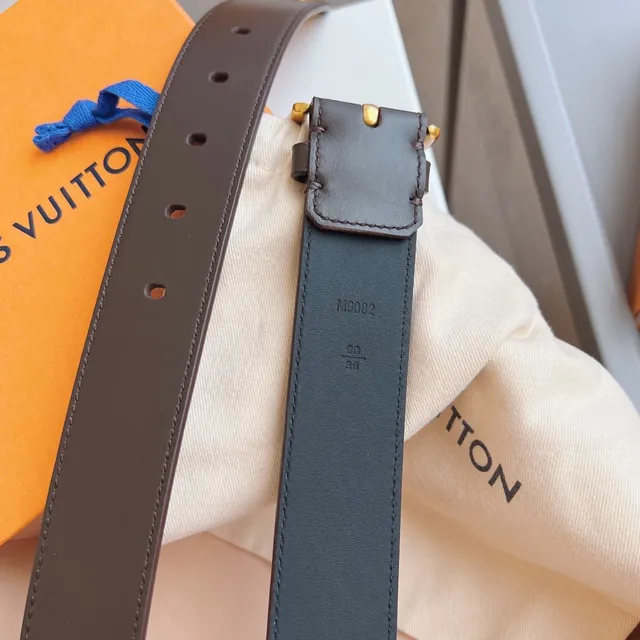 Louis Vuitton काला भूरा गोल्ड-टोन आयताकार बकल टेपर टिप चमड़े का पट्टा 5