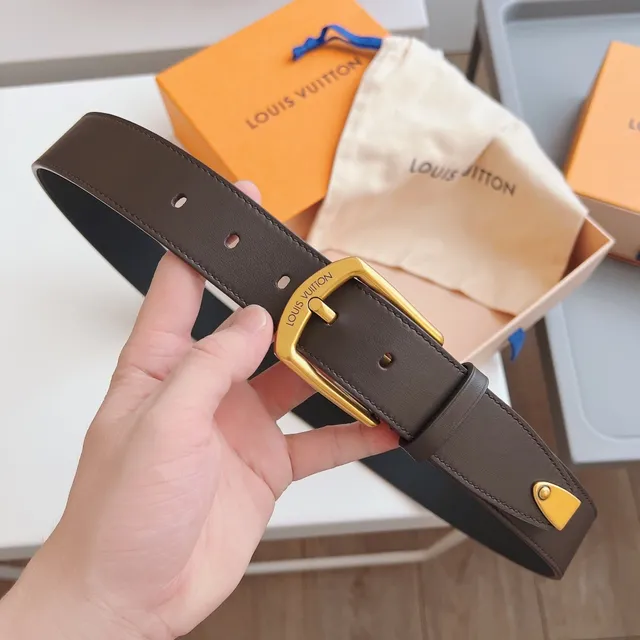Louis Vuitton काला भूरा गोल्ड-टोन आयताकार बकल टेपर टिप चमड़े का पट्टा 7