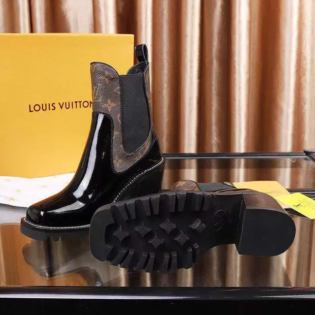 Louis Vuitton কালো বাদামী পেটেন্ট চামড়া মনোগ্রাম ক্যানভাস গাসেট চেলসি বুট 2