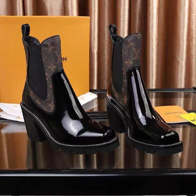 Louis Vuitton কালো বাদামী পেটেন্ট চামড়া মনোগ্রাম ক্যানভাস গাসেট চেলসি বুট 3