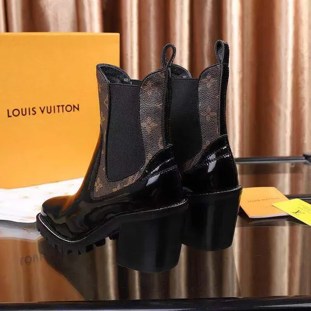 Louis Vuitton কালো বাদামী পেটেন্ট চামড়া মনোগ্রাম ক্যানভাস গাসেট চেলসি বুট 4