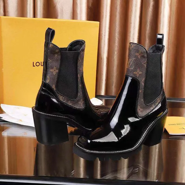 Louis Vuitton কালো বাদামী পেটেন্ট চামড়া মনোগ্রাম ক্যানভাস গাসেট চেলসি বুট 5