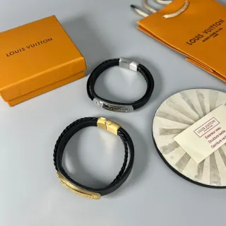 Louis Vuitton काला सोने का बुना हुआ चमड़े का ट्विस्टेड कॉर्ड कलाई का कड़ा