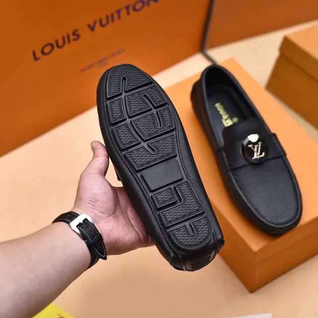 Louis Vuitton Black Gold Pebbled Leather LV Monogram Buckle Loafer 2