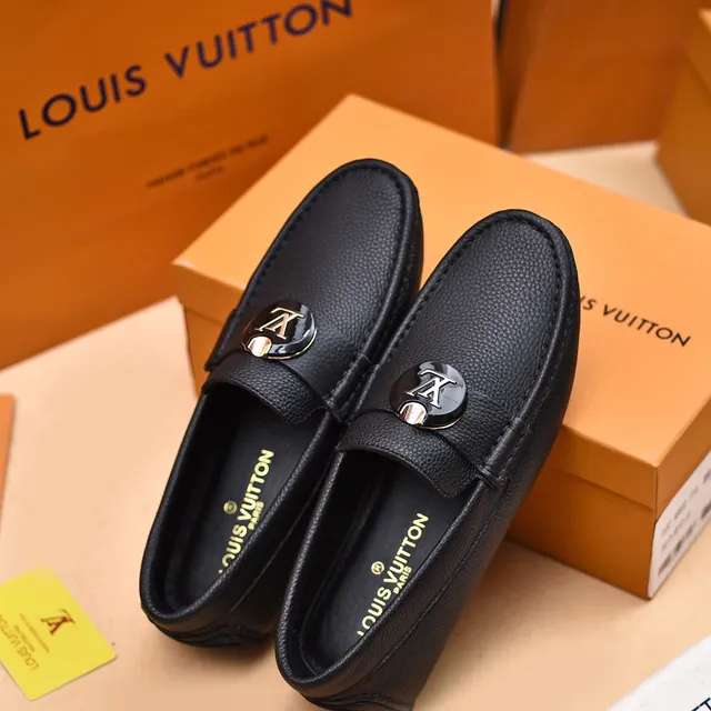 Louis Vuitton Black Gold Pebbled Leather LV Monogram Buckle Loafer 4