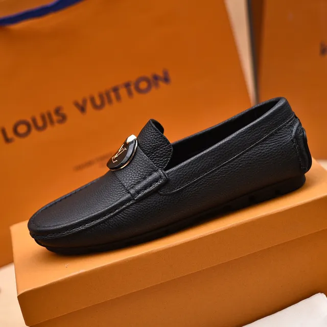 Louis Vuitton Black Gold Pebbled Leather LV Monogram Buckle Loafer 5
