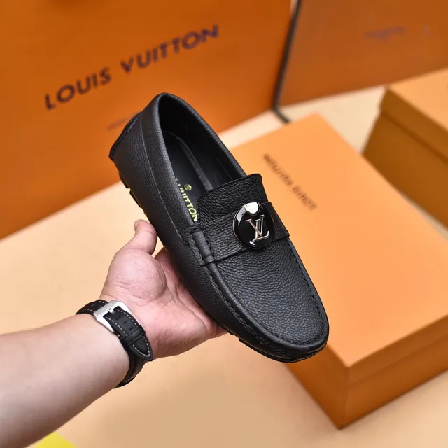 Louis Vuitton Black Gold Pebbled Leather LV Monogram Buckle Loafer 6