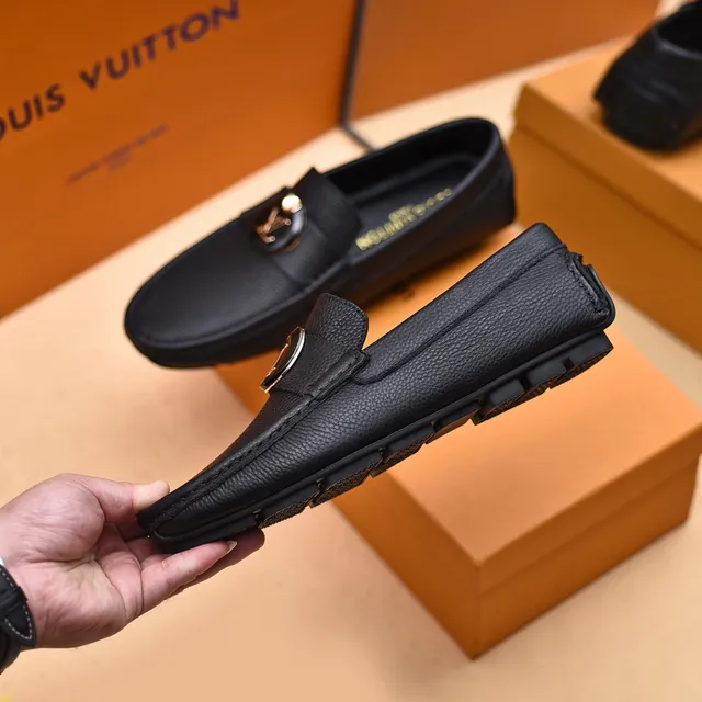Louis Vuitton Black Gold Pebbled Leather LV Monogram Buckle Loafer 7