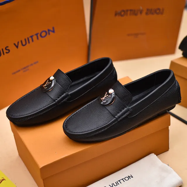 Louis Vuitton Black Gold Pebbled Leather LV Monogram Buckle Loafer 8
