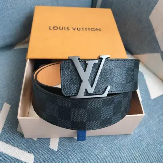 Louis Vuitton Black Silver Damier Graphite Checkered Polished LV Buckle Leather Belt