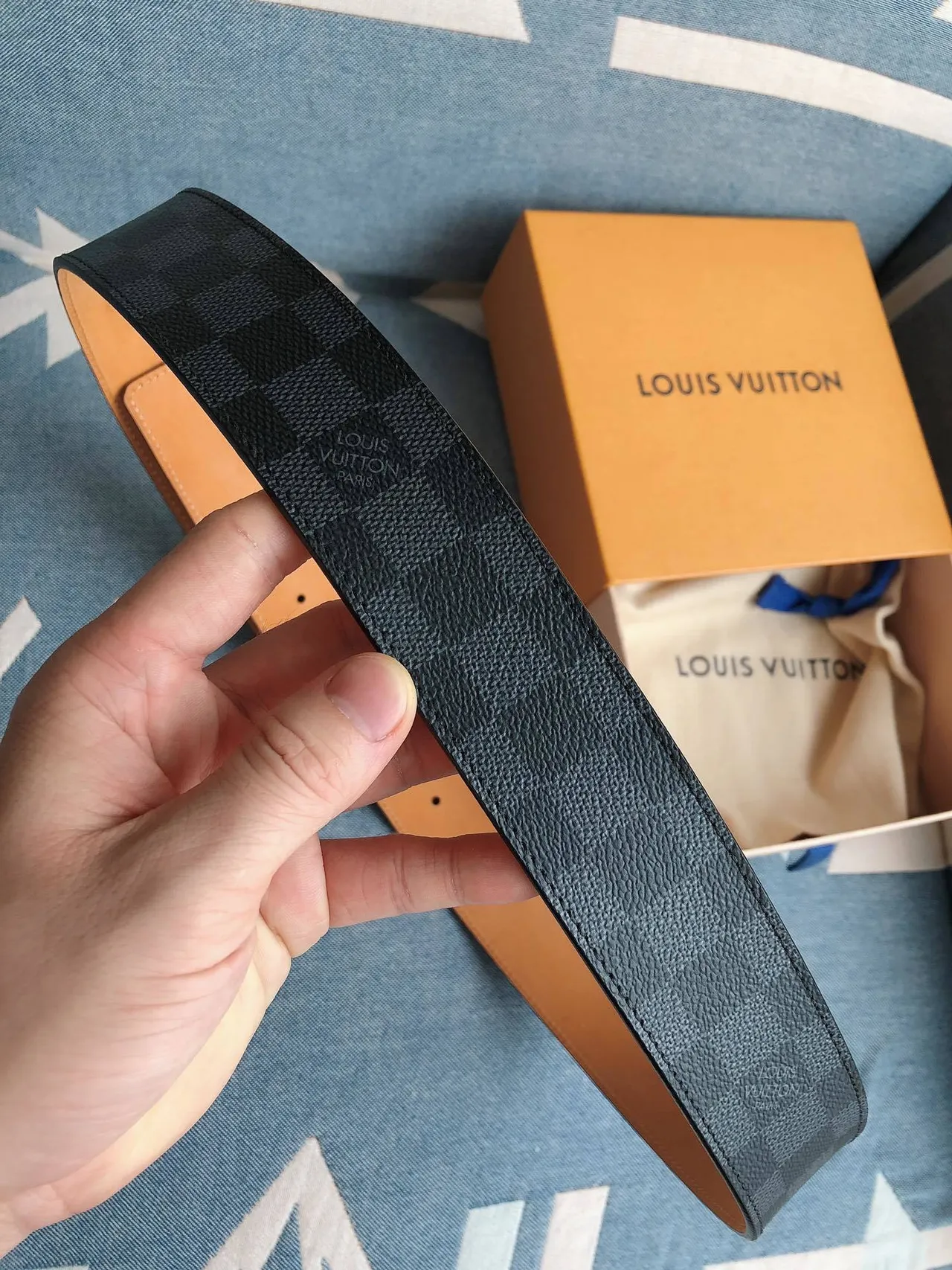 Louis Vuitton Black Silver Damier Graphite Checkered Polished LV Buckle Leather Belt 5