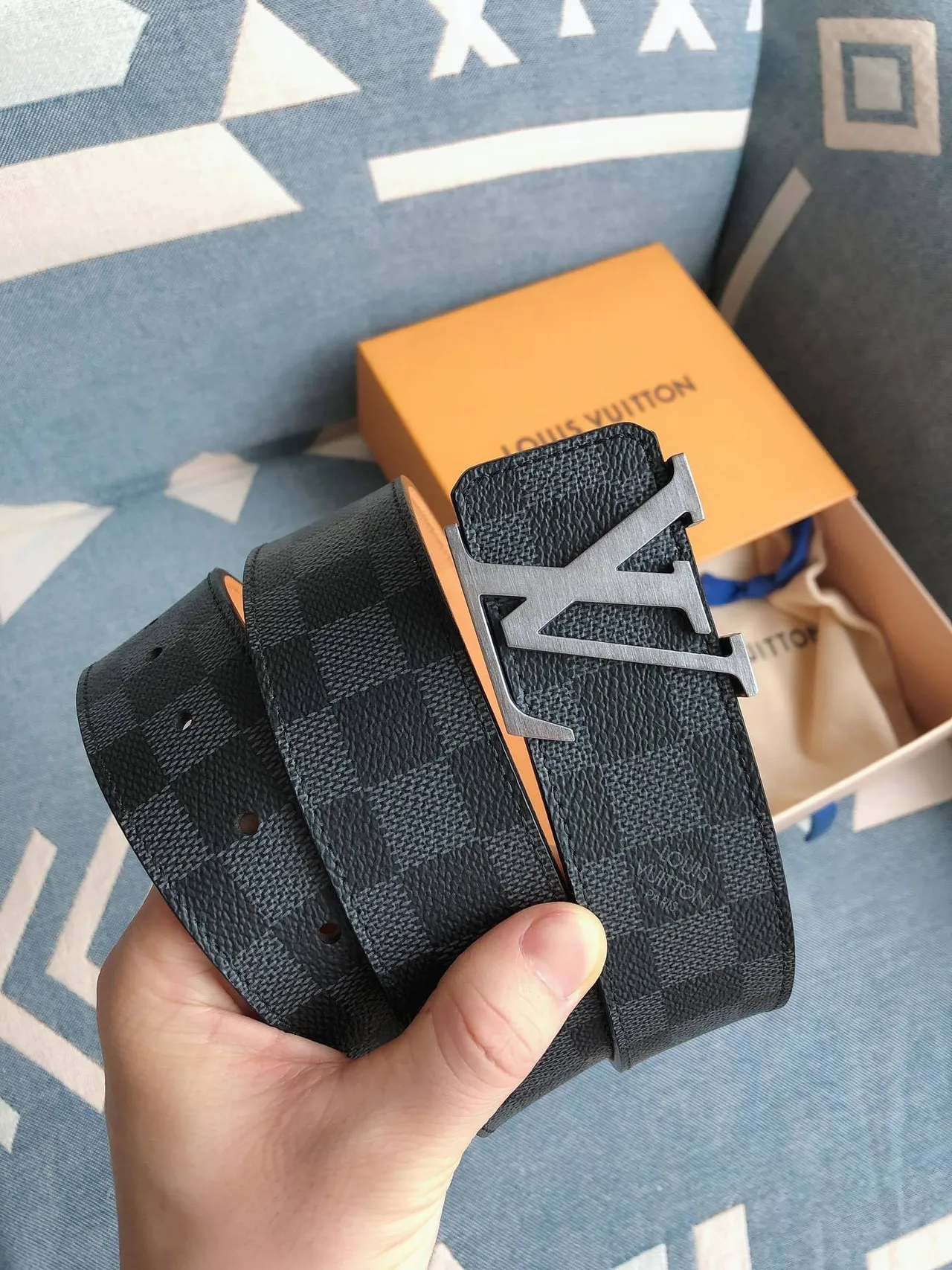 Louis Vuitton Black Silver Damier Graphite Checkered Polished LV Buckle Leather Belt 9