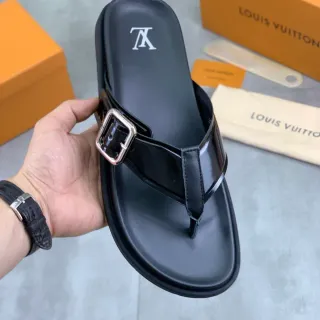 Louis Vuitton Black Silver Glossy Patent Leather Rectangular Buckle Slippers