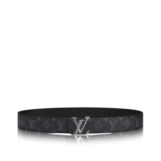 Louis Vuitton काला चांदी मोनोग्राम चढ़ी कैनवास पॉलिश्ड LV बकल चमड़े की बेल्ट