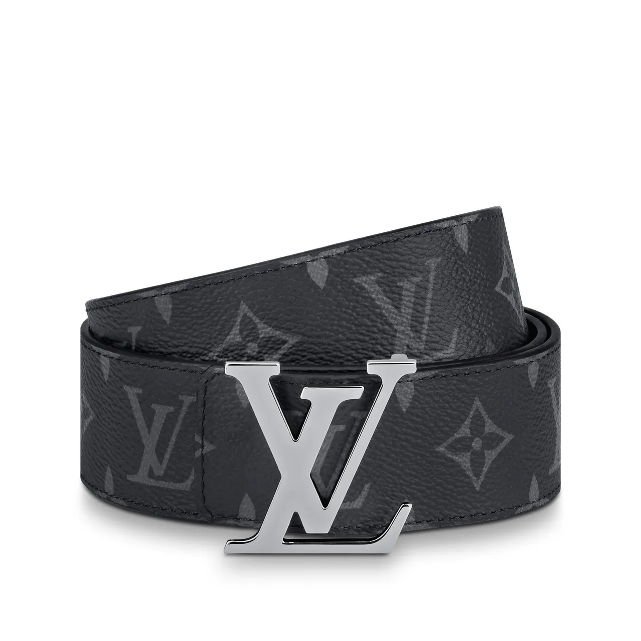 Louis Vuitton काला चांदी मोनोग्राम चढ़ी कैनवास पॉलिश्ड LV बकल चमड़े की बेल्ट 4