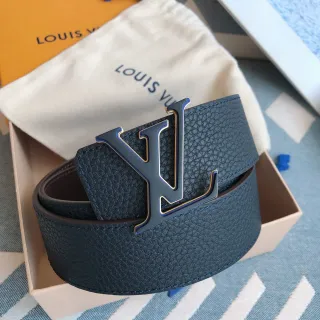Louis Vuitton Blue Gold Pebbled Oversized Monogram Buckle Leather Belt