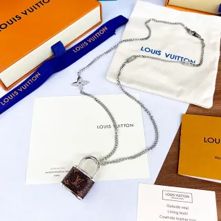 Louis Vuitton বাদামী রূপালী চেইন লিঙ্ক মোনোগ্রাম চামড়া প্যাডলক পেন্ডেন্ট হার